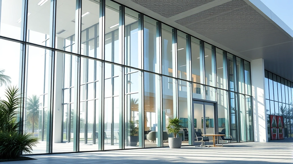 Modern healthcare office building with glass windows and contemporary architecture, daylight streaming through, professional environment, no text