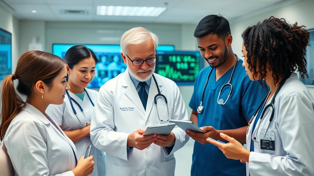Team of diverse healthcare professionals in hospital setting reviewing patient data on digital screens, collaborative atmosphere, no text