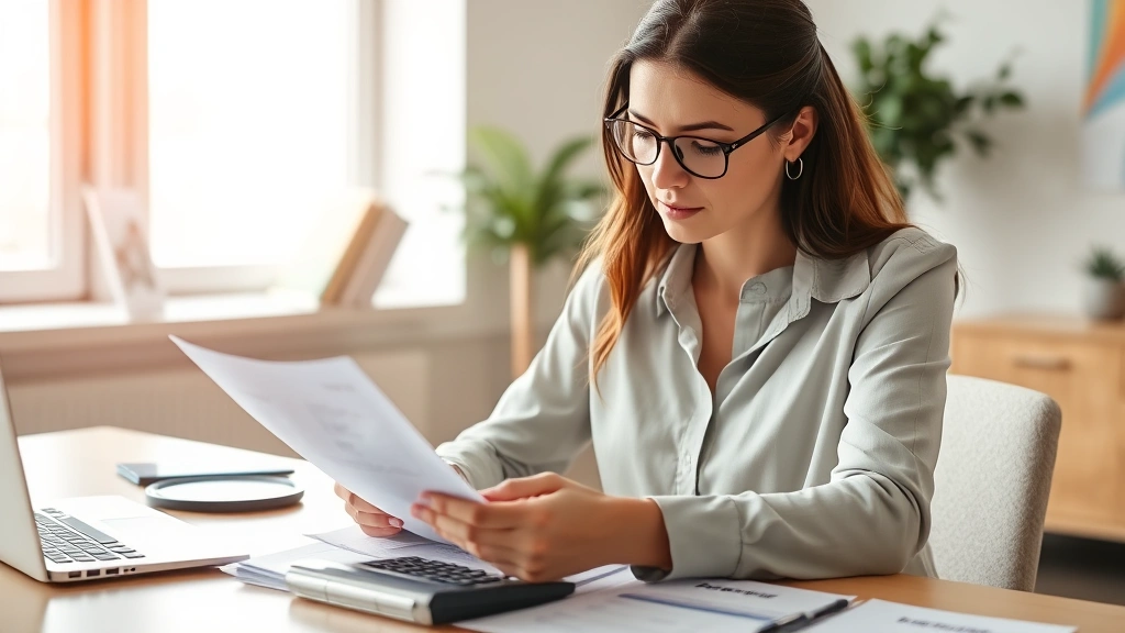 Professional woman reviewing financial documents at desk with calculator and health insurance paperwork, natural lighting, modern office setting