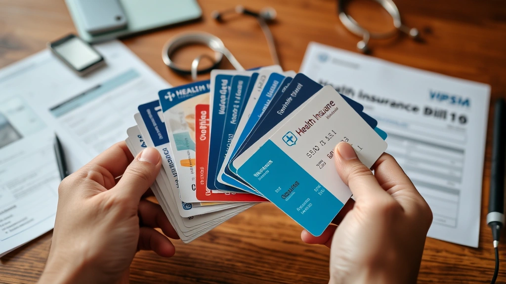Close-up of hands holding multiple health insurance cards and medical bills, organized on wooden table with warm lighting