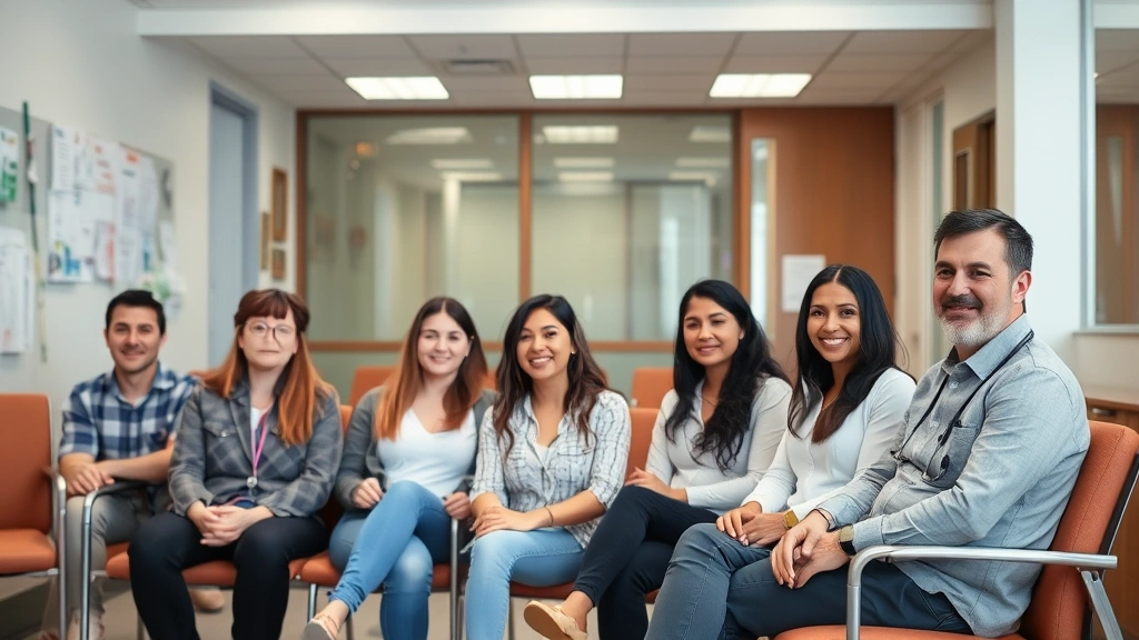 Diverse group of people in casual clothing sitting in waiting room or consultation space with healthcare materials on walls, calm atmosphere