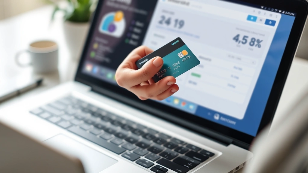 Close-up of hands holding a debit card over a laptop showing account dashboard, minimalist workspace with soft neutral tones