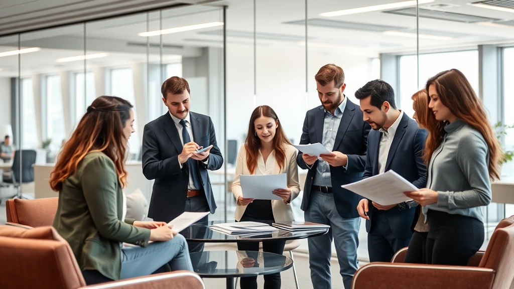 Diverse group of people in business casual attire discussing documents in a bright conference room with glass walls and contemporary furniture