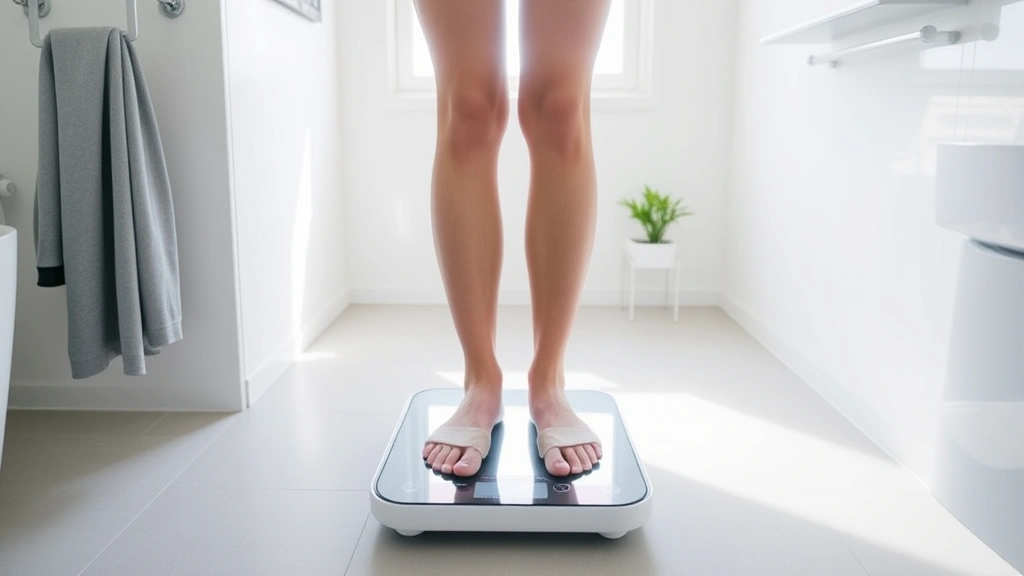 Person standing on a modern digital bathroom scale in a clean, minimalist bathroom with natural light streaming through a window, showing proper posture and positioning