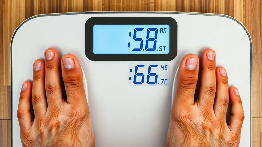 Close-up of a digital scale display showing weight and body composition metrics with clean numbers visible, hands-free perspective from above