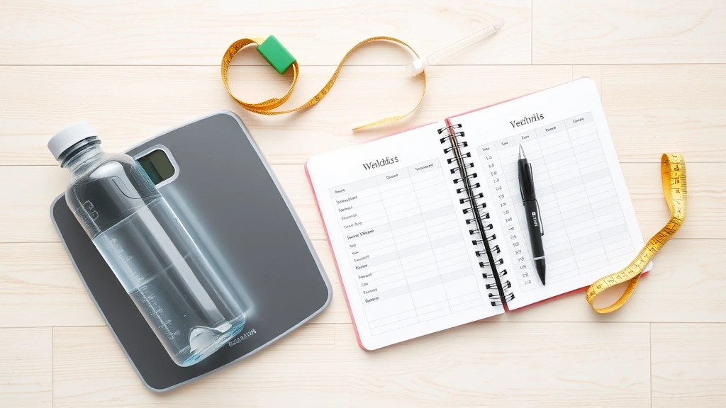 Flat lay of a health tracking setup including a scale, water bottle, measuring tape, and notebook with wellness data, organized on a light wooden surface