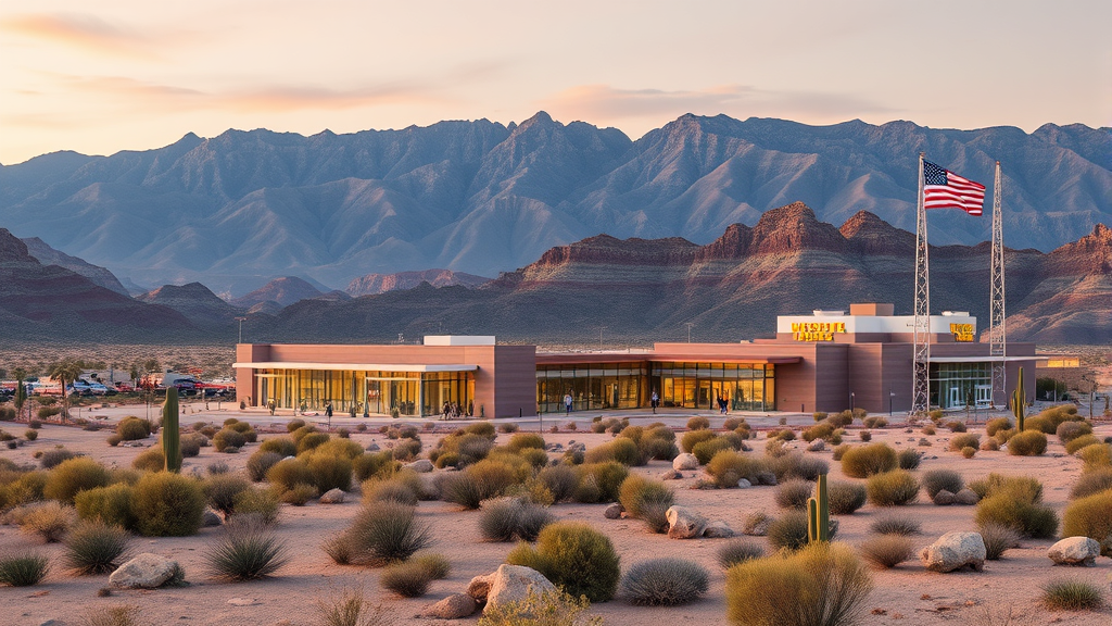 Nevada desert landscape with modern healthcare facility and mountains, no text no words no letters