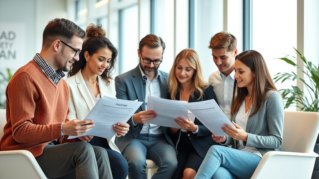 Diverse group of people reviewing health insurance documents together in bright office, no text no words no letters