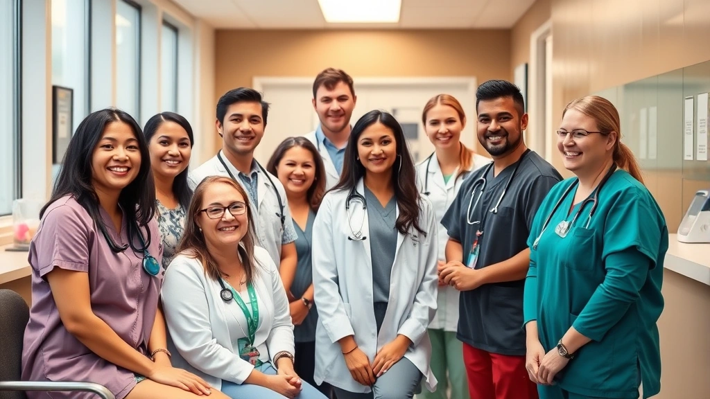 A diverse group of healthcare professionals in a modern medical clinic setting, smiling and interacting with patients in a warm, welcoming environment