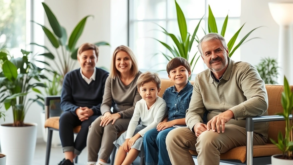 A family of different ages sitting in a comfortable healthcare clinic waiting room with plants and natural lighting, appearing calm and informed