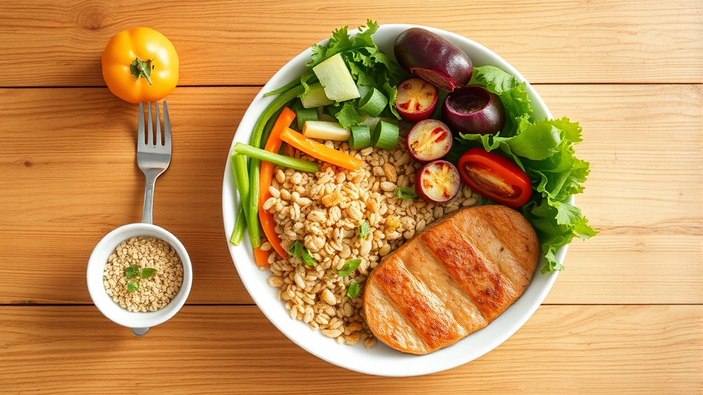 Overhead view of a nutritious meal with fresh vegetables, grains, and lean protein on a wooden table in natural daylight