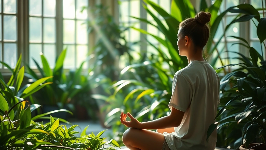Person meditating in a peaceful natural setting surrounded by green plants and soft natural light streaming through windows