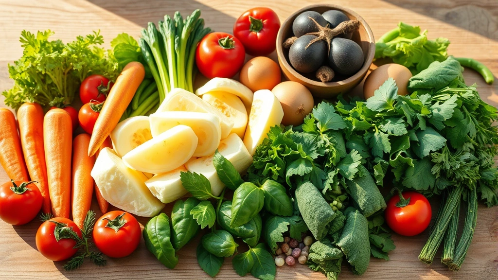 Diverse fresh ingredients including organic vegetables, herbs, and whole foods displayed artfully on natural wood surface with morning sunlight