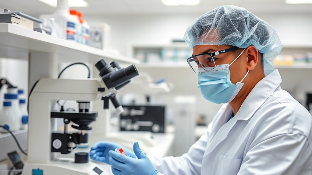 Professional health scientist in modern laboratory analyzing samples with advanced microscopy equipment, wearing protective gear, focused expression, clean scientific environment with organized equipment and displays