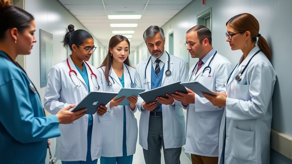 Diverse team of healthcare professionals in hospital corridor reviewing patient data on tablet devices, including laboratory technician, administrator, and health information specialist in collaborative discussion