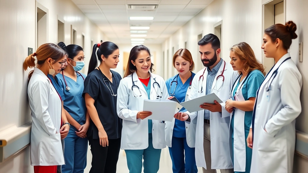 Diverse team of healthcare workers in a hospital corridor including nurses, doctors, and administrative staff in scrubs and business attire reviewing patient information together