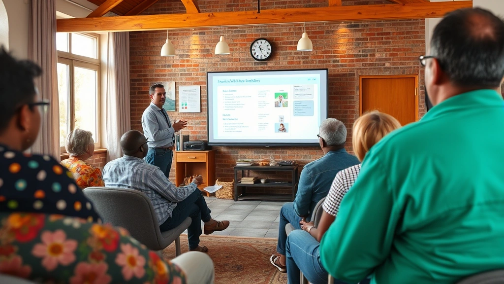 Public health specialist conducting community health education session with diverse group of adults in community center, presenting health information on screen, engaged audience listening attentively