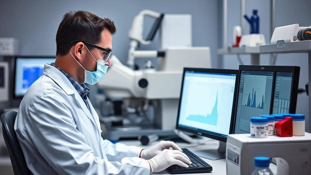 Medical technician working at advanced diagnostic equipment in a clinical laboratory, analyzing samples with precision instruments and computer workstations in background