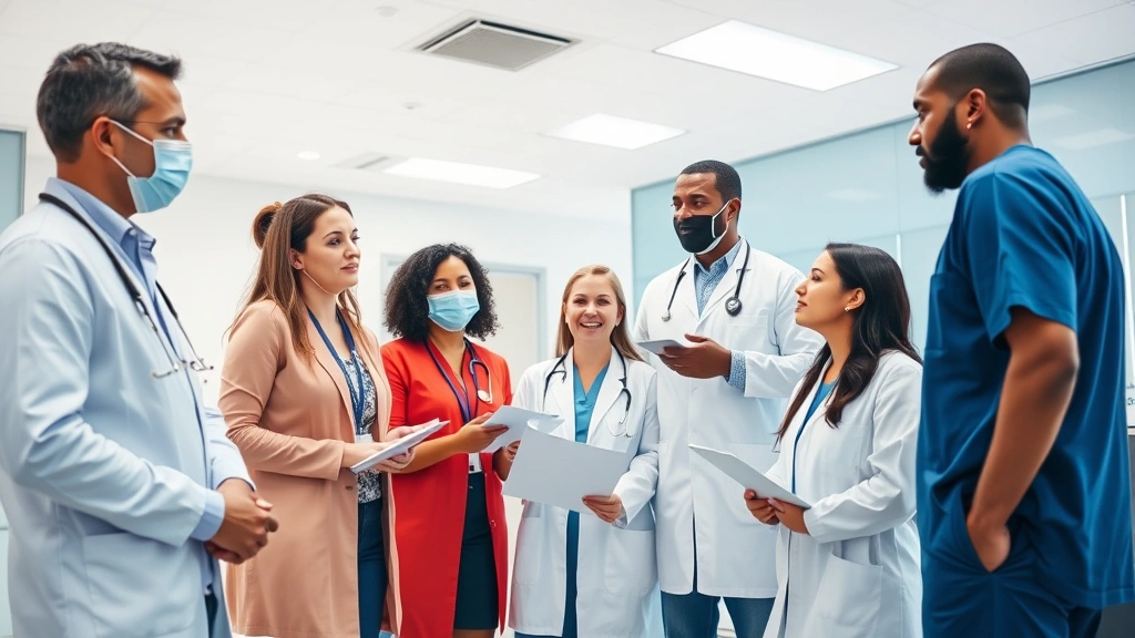 Diverse medical team in professional attire collaborating during a meeting in a bright healthcare facility, displaying teamwork and professional communication