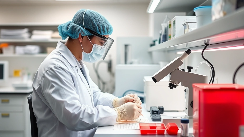 Laboratory technologist performing blood analysis at a modern medical laboratory workbench with scientific equipment, wearing protective gear, concentrated work environment