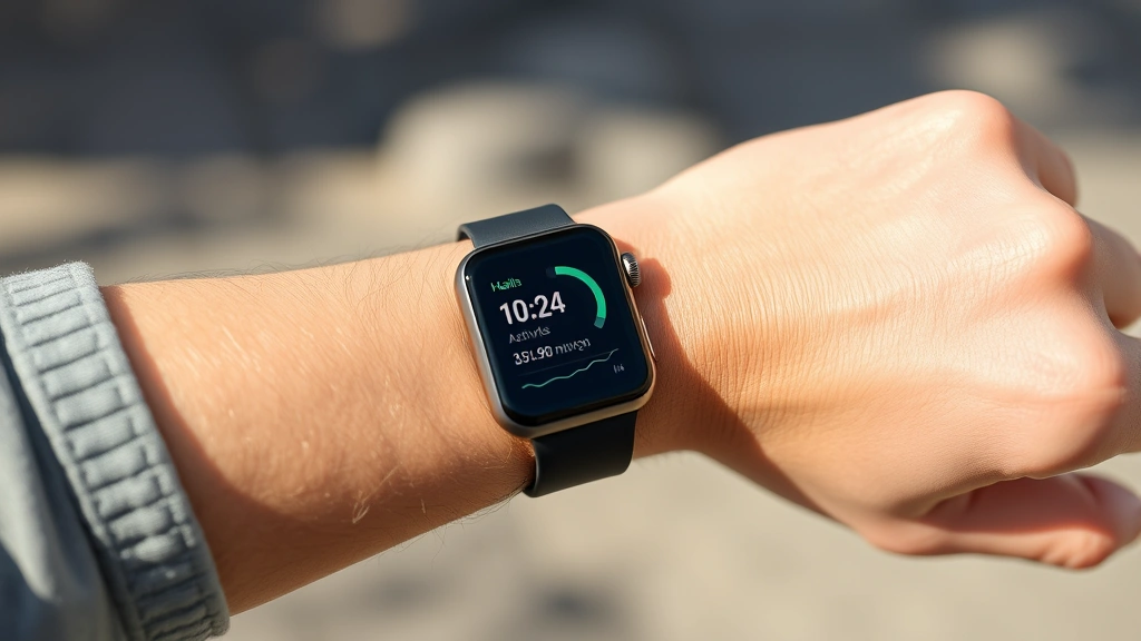 Person wearing smartwatch displaying health metrics on wrist, natural outdoor lighting, showing activity tracker interface on device screen