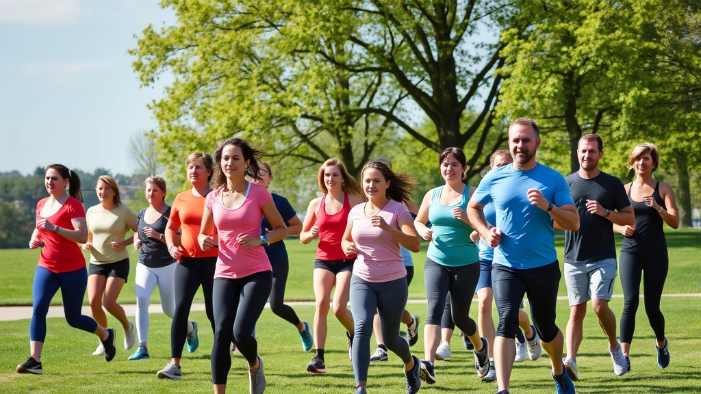 Diverse group of people exercising together in park, various fitness activities visible, sunny day with clear sky and green grass
