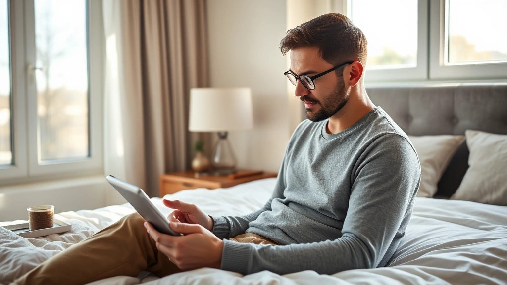Person reviewing health data on tablet device in modern bedroom, peaceful morning atmosphere, sunlight streaming through window, focused expression