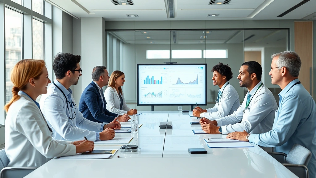 Healthcare professionals from diverse backgrounds collaborating around a modern conference table with charts and digital displays, natural lighting from large windows