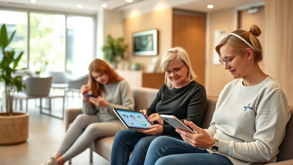Patients using digital health applications on tablets and smartphones in a modern clinic waiting area with warm, welcoming design and natural elements