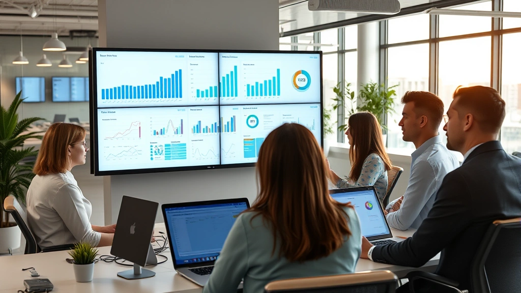Team of healthcare administrators and data analysts reviewing analytics dashboards on large screens in a contemporary office environment with collaborative workspace setup