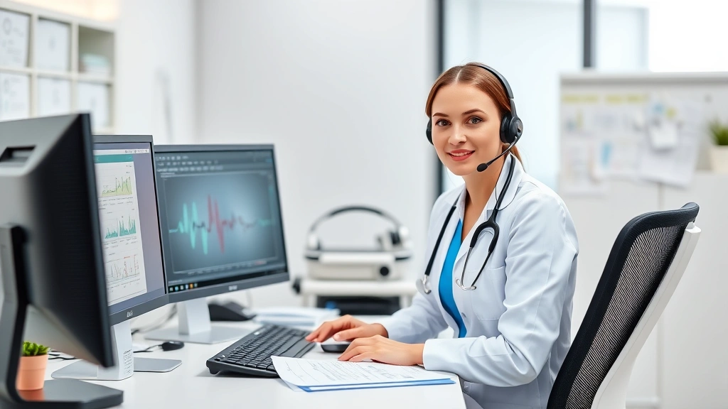 Professional woman in healthcare setting at organized desk with computer monitor, medical charts, and communication headset, focused expression, modern hospital environment