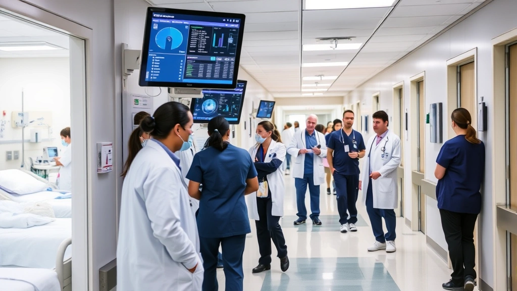 Busy hospital unit hallway with medical staff collaborating, patient rooms visible, electronic displays showing information, organized and professional healthcare atmosphere