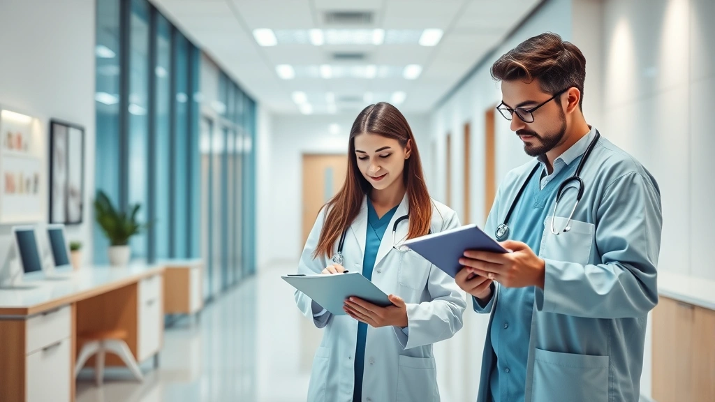Modern medical office with healthcare professionals reviewing documents and digital tablets, contemporary clinic interior with minimalist design