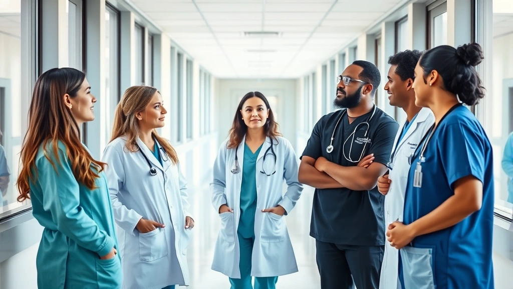 Diverse healthcare team in professional attire having discussion in modern hospital corridor, natural lighting from large windows