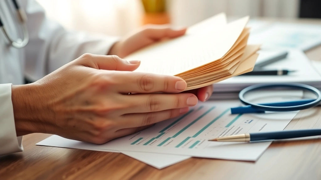 Close-up of hands holding medical files and digital healthcare records, organized medical documentation on desk with soft focus background