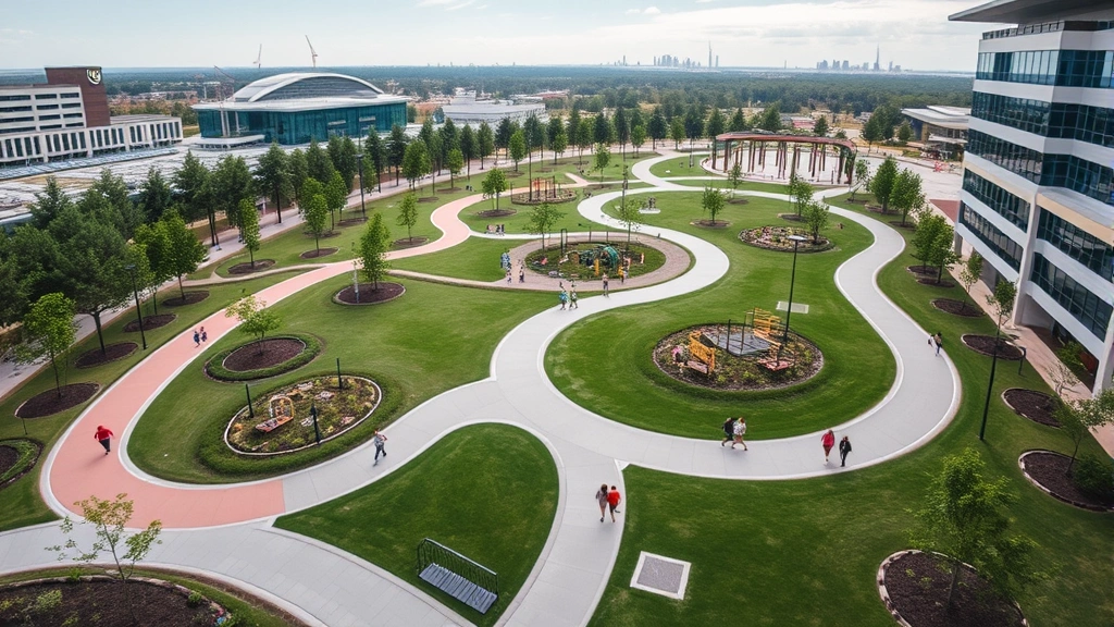 Aerial view of a modern outdoor fitness park with winding trails, exercise stations, and scattered visitors jogging and walking through landscaped green spaces