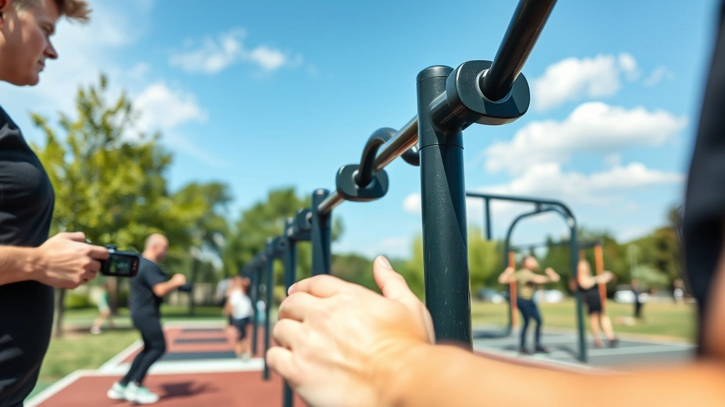 Close-up of people using outdoor fitness equipment at a park, showing heart rate monitors and exercise stations with clear sky background
