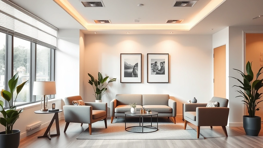 Modern clinical office space with comfortable seating, warm lighting, and calming neutral colors. Shows a welcoming therapy room environment without people or text visible.