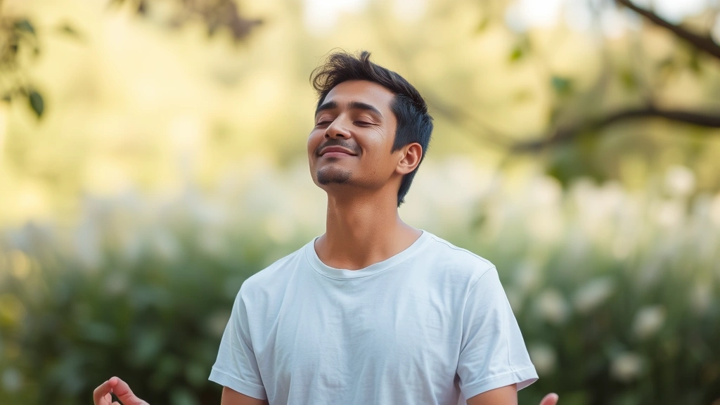 Peaceful individual in a serene environment practicing mindfulness or meditation, showing mental wellness and therapeutic practice in a calm, natural setting.