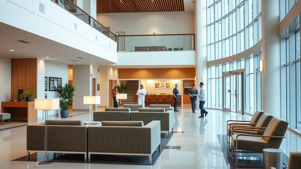 Modern hospital lobby with comfortable seating, warm lighting, and welcoming architectural design. Medical staff in scrubs visible in background consulting. Clean, professional healthcare environment
