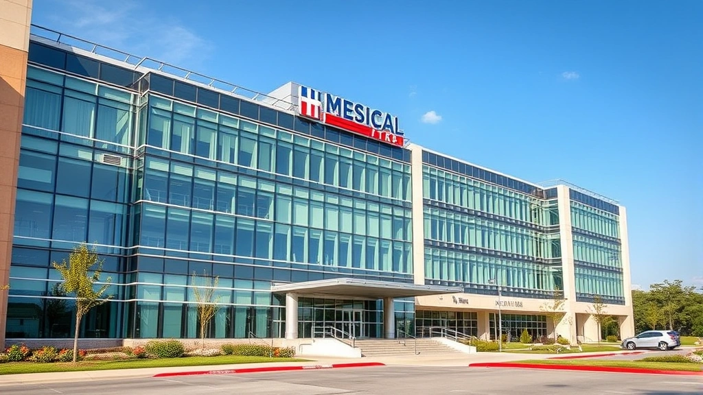 Modern hospital exterior with glass and steel architecture, professional medical campus setting, clear blue Texas sky, contemporary healthcare building design