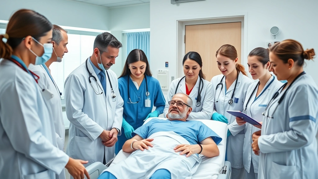 Diverse team of healthcare professionals including doctors, nurses, and technicians gathered around patient in modern hospital room. Collaborative moment showing teamwork and patient-centered care