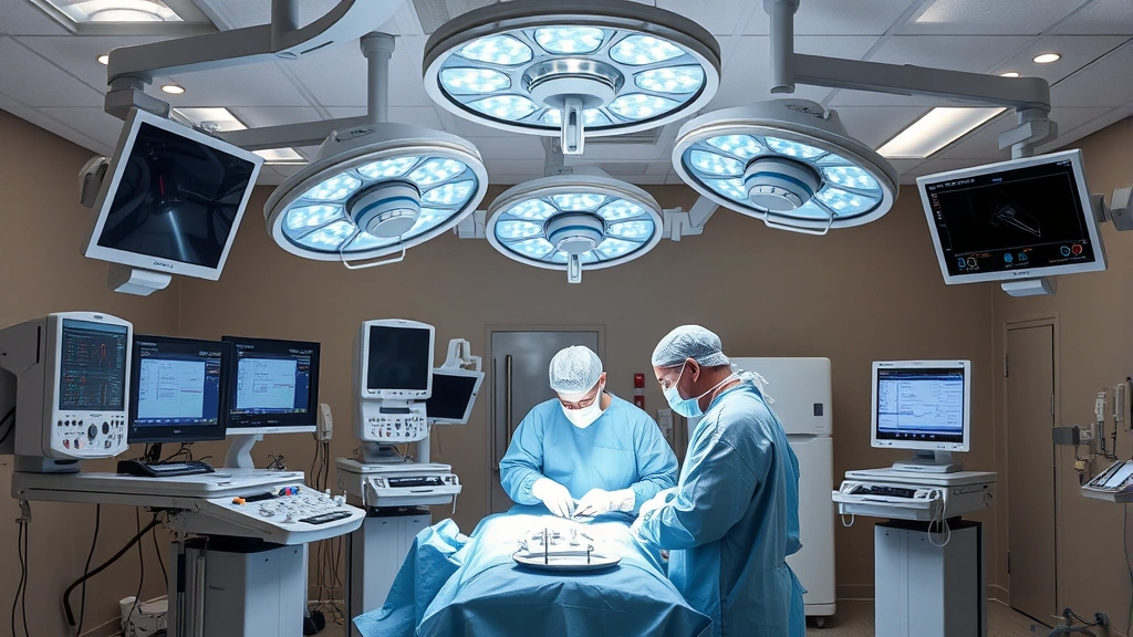 State-of-the-art surgical operating room with advanced medical equipment, monitors, and surgical lights. Surgical team in protective gear performing procedure. High-tech healthcare setting