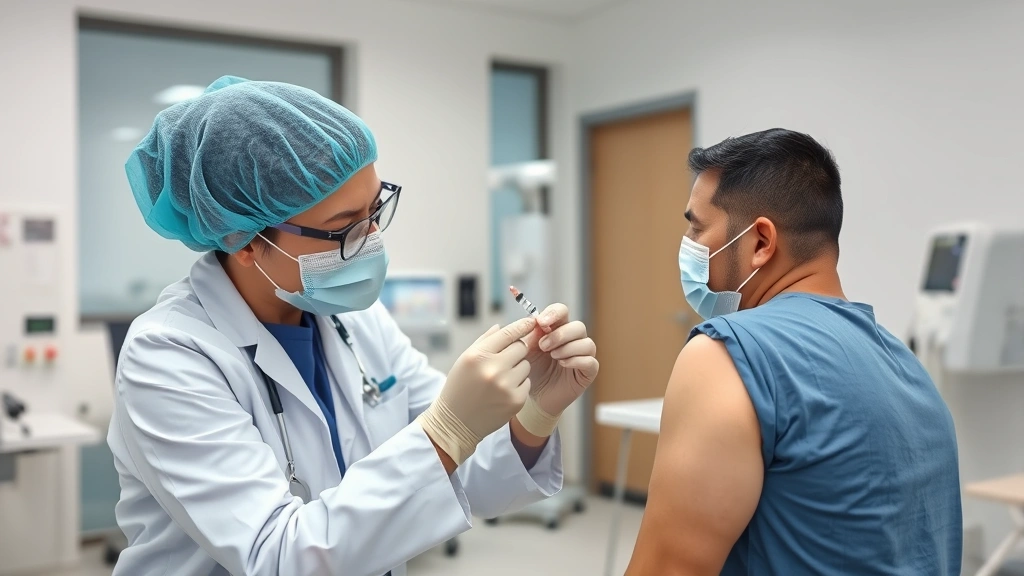 Healthcare professional administering vaccine to patient in modern clinic setting with medical equipment visible in background
