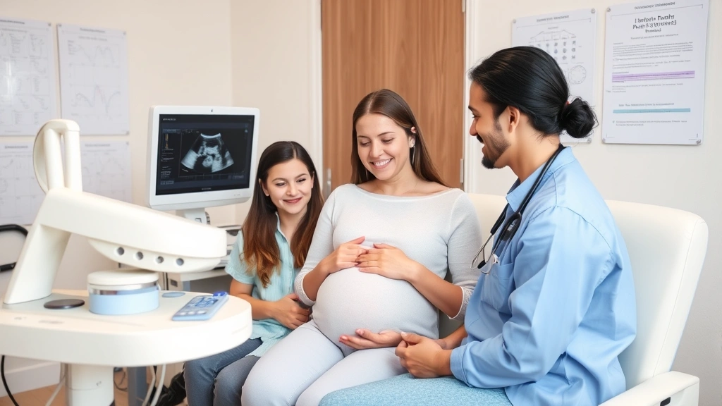 Family in doctor's office during prenatal consultation with ultrasound equipment and health charts on walls