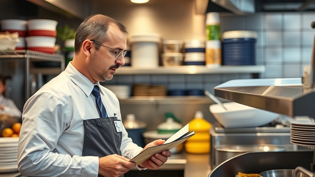Food safety inspector examining restaurant kitchen with proper storage and sanitation practices visible