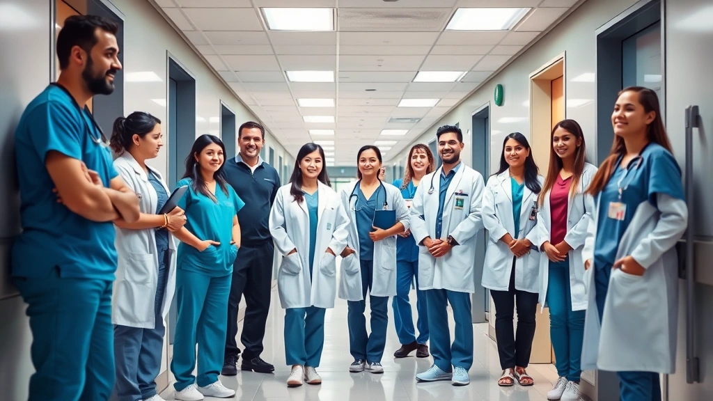 Healthcare professionals in modern hospital corridor, diverse team wearing scrubs and white coats, collaborative environment with contemporary medical facility design