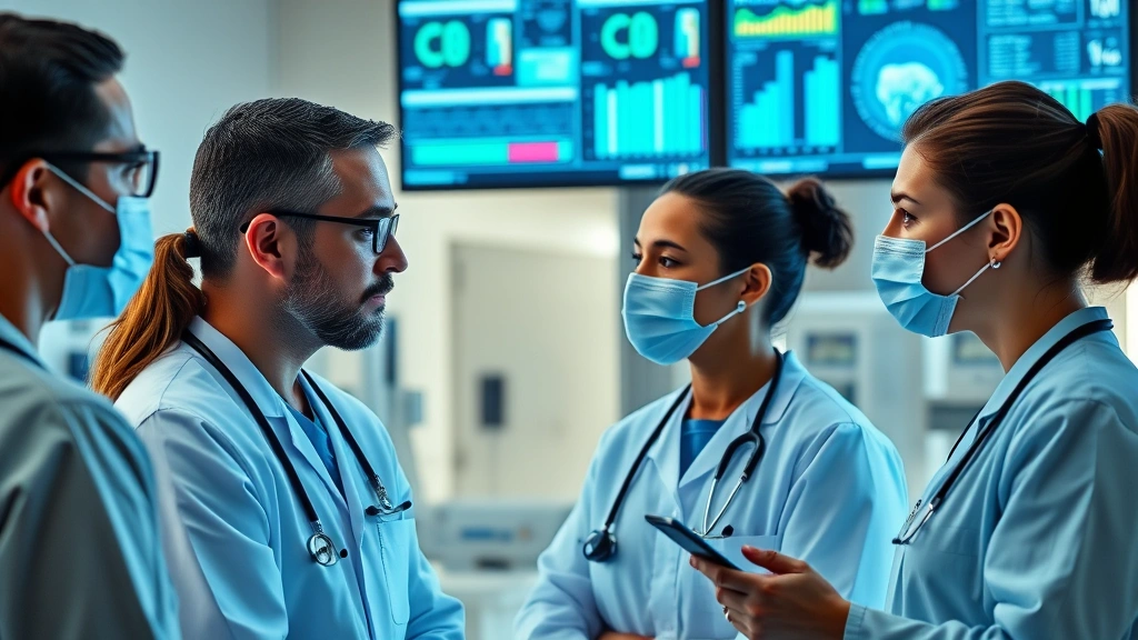 Medical professionals reviewing patient data on digital screens in hospital, teamwork in clinical setting, advanced healthcare technology visible
