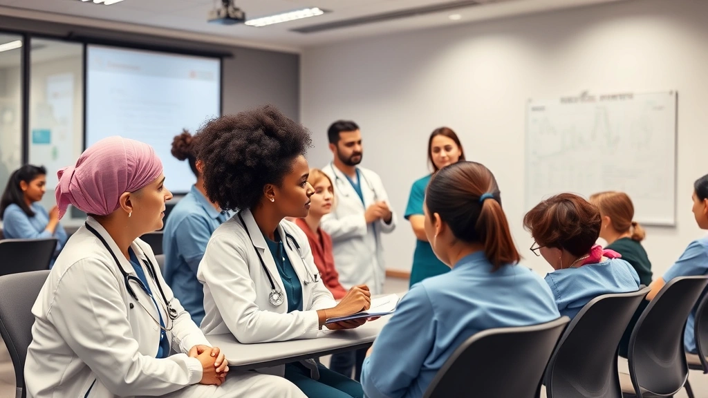 Career development workshop with healthcare workers in professional training session, mentorship and learning environment, diverse group of medical staff