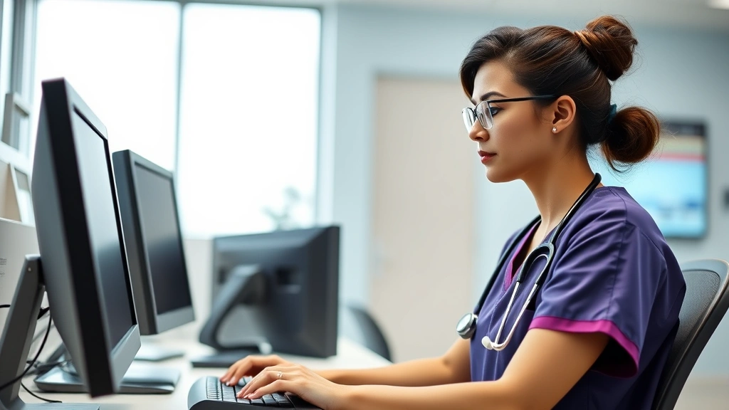 Modern healthcare professional in scrubs working at computer station in bright hospital setting, focused expression, stethoscope visible